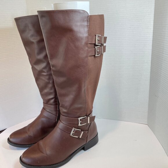 Brown Knee-High Riding Boots With Adjustable Buckles & Side Zipper - Picture 5 of 13